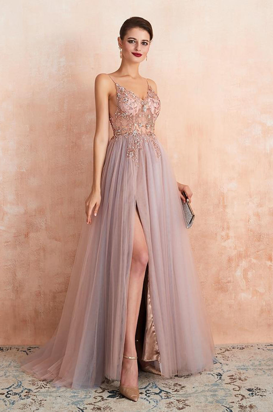 Robe de Demoiselle d'Honneur Fendue Rose